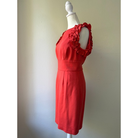 Trina Turk Coral Red Ruffle Shoulder Sheath Dress Women's Size 6 Party Cocktail - Picture 2 of 14